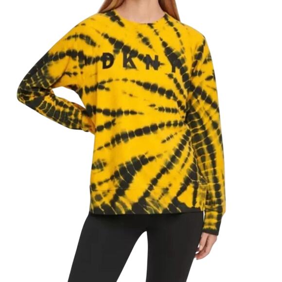 DKNY Sport Yellow Black Tie-Dye Logo Sweatshirt Small NWT - Picture 2 of 9